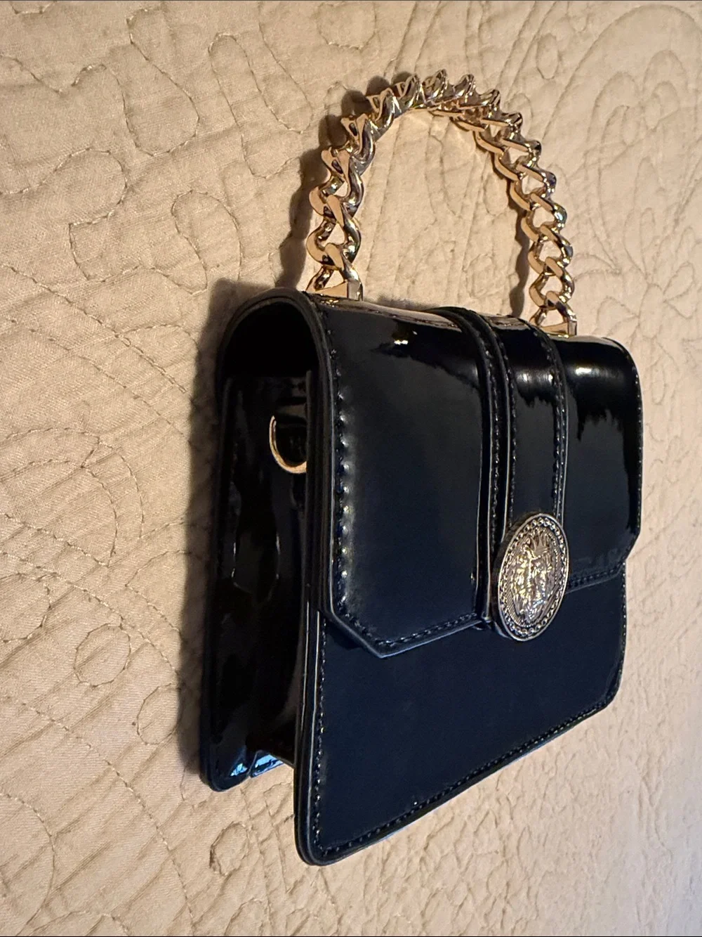 Aldo Lottum Black Patent Wristlet Clutch with Gold Chain